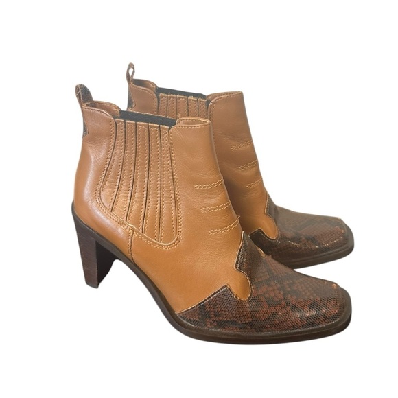 Snakeskin & Brown Western Cowgirl Ankle Booties | Pull On | Block Heel | Sz 7 US - Picture 3 of 7